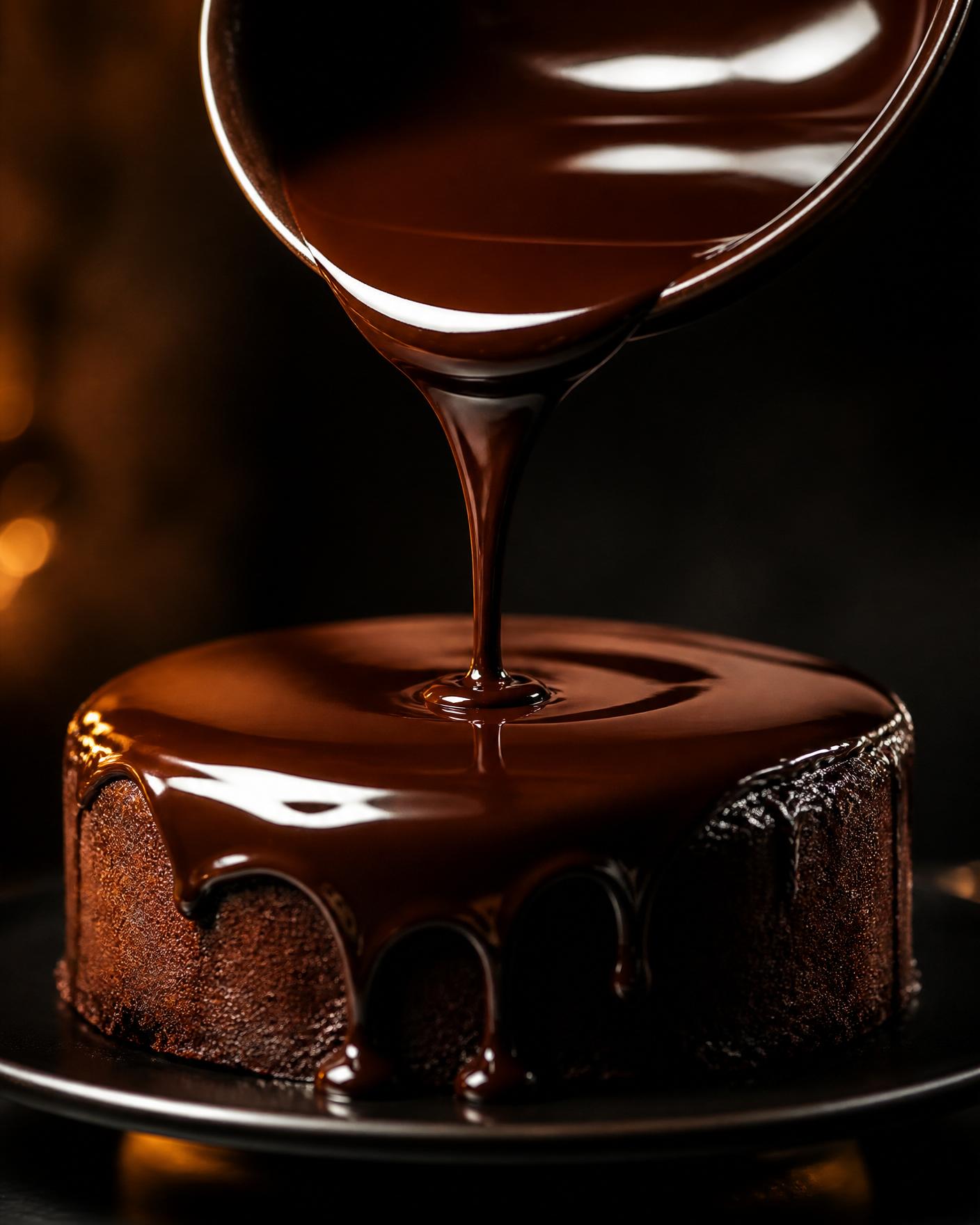 Cioccolato fondente lucido che cola su un dolce.