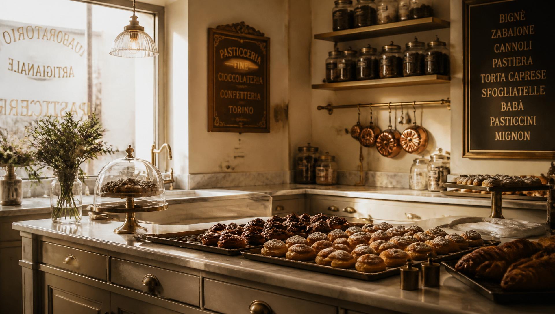 L'interno del laboratorio: marmo, ottone, teglie di dolci al mattino.