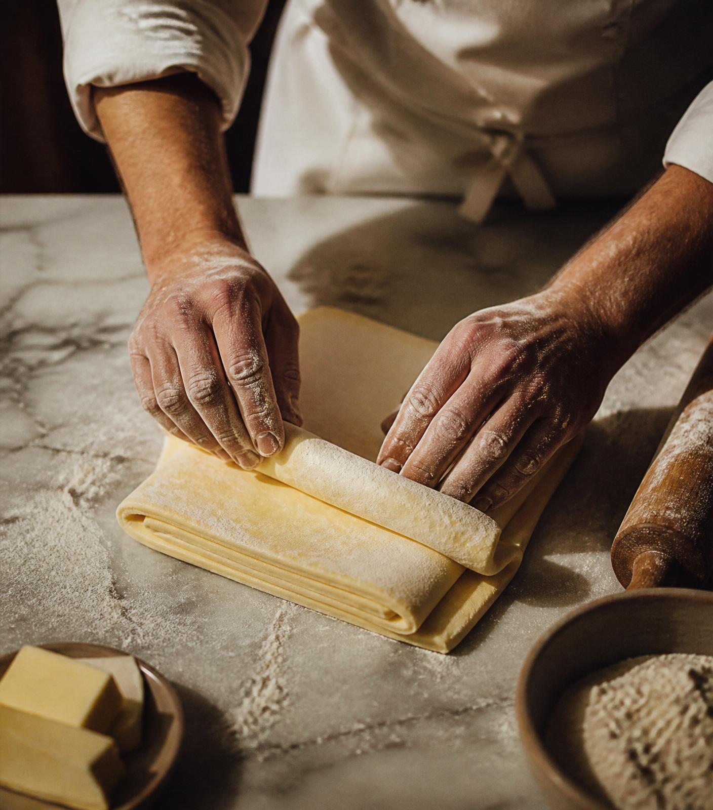 Le mani del pasticcere infarinate mentre lavorano la sfoglia sul marmo del laboratorio.